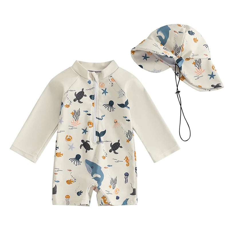 Long Sleeve Rash Guard Swimsuit with Hat