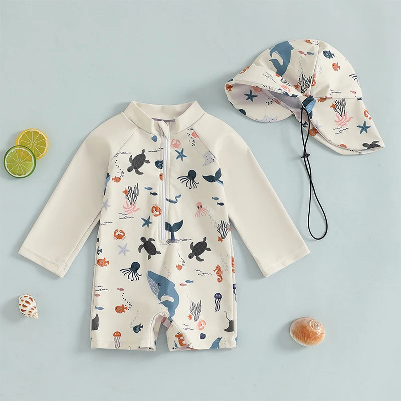 Long Sleeve Rash Guard Swimsuit with Hat