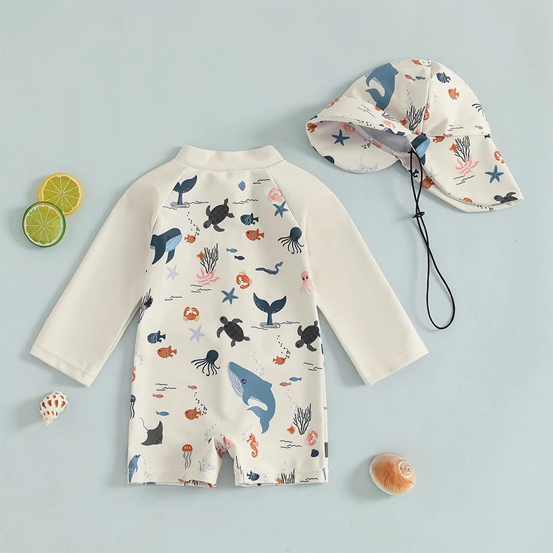 Long Sleeve Rash Guard Swimsuit with Hat