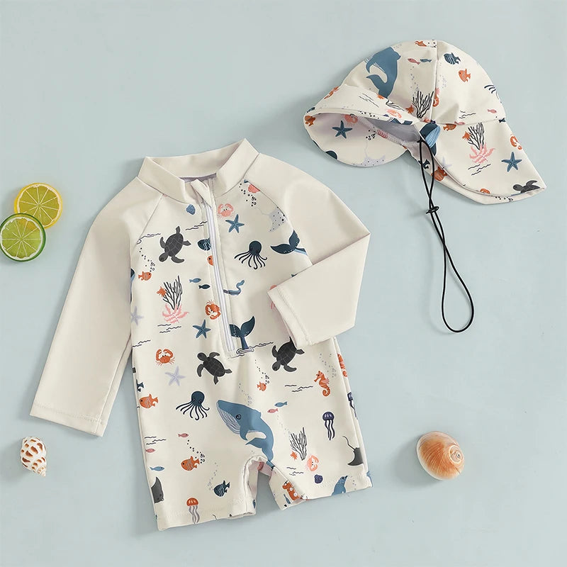 Long Sleeve Rash Guard Swimsuit with Hat