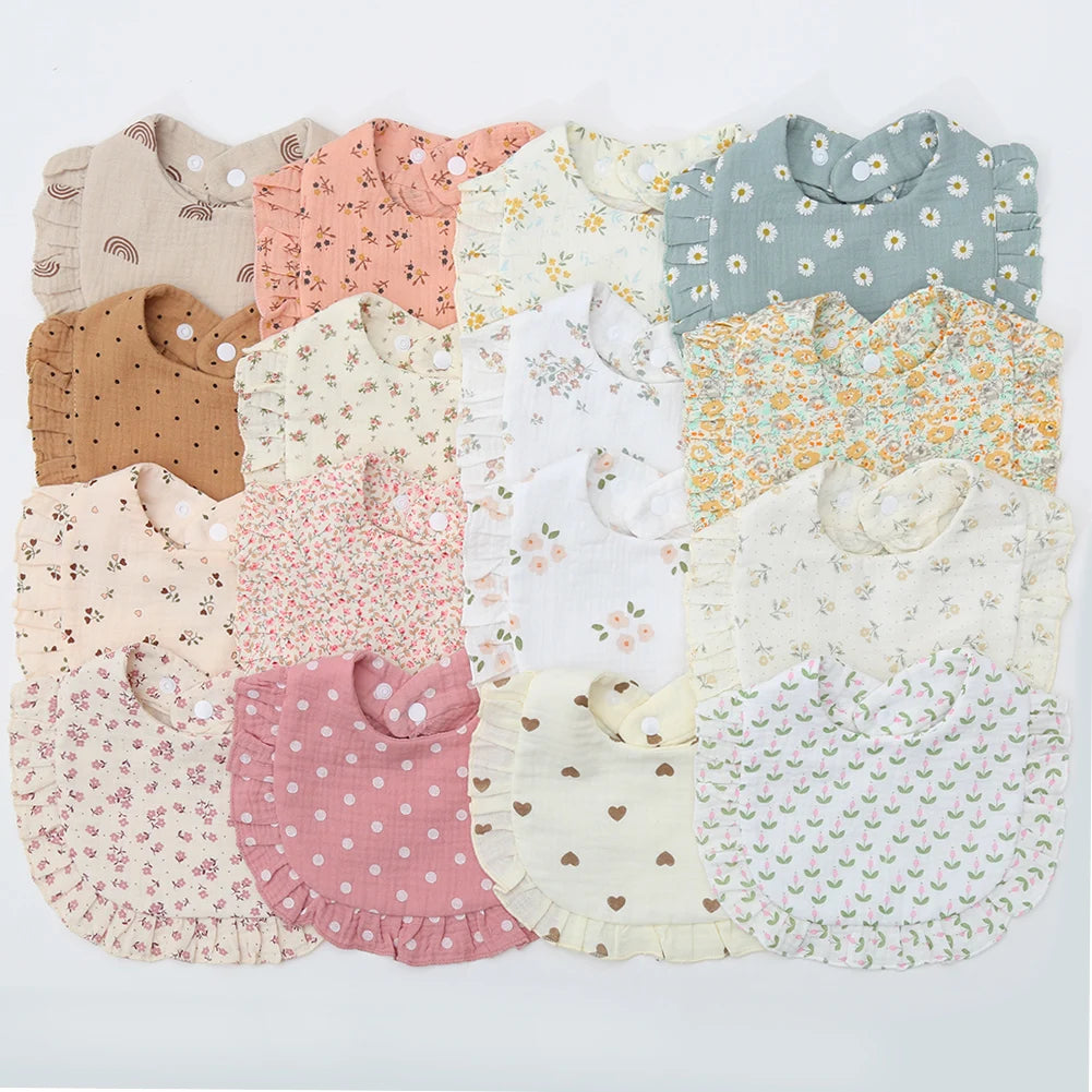 Floral Cotton Baby Bib – Ruffled Edge Muslin Burp Cloth