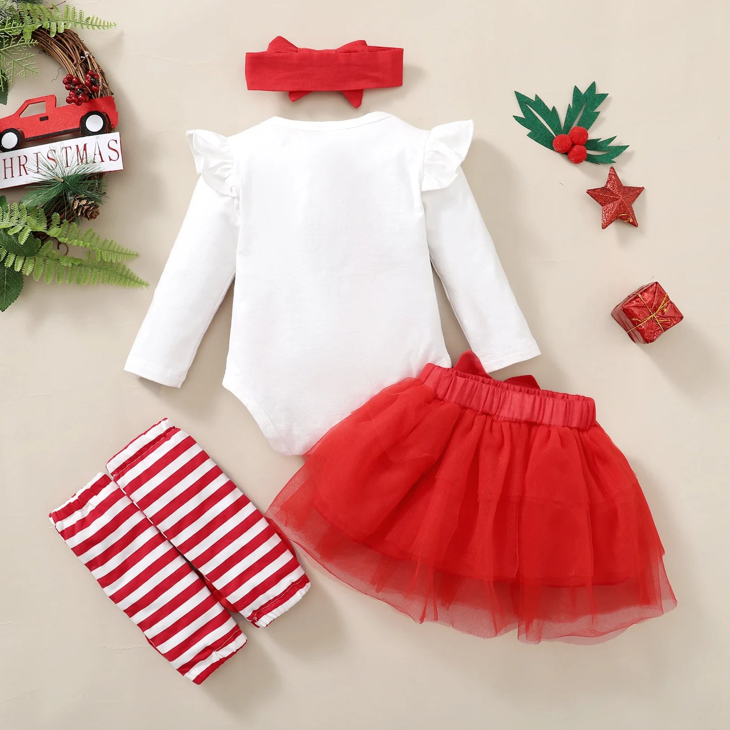 Baby Girl Christmas Set Bodysuit+ Yarn skirt+Headband+Socks 4Pcs/Set