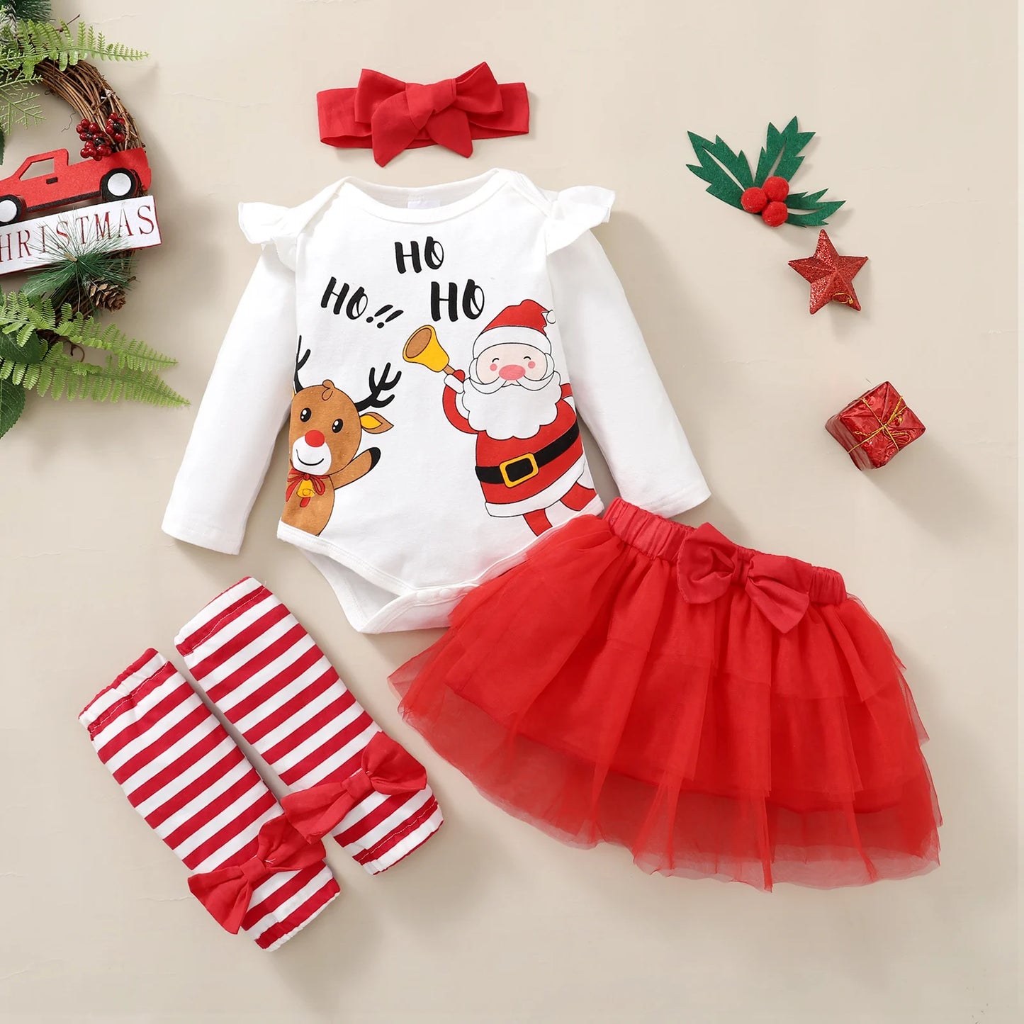 Baby Girl Christmas Set Bodysuit+ Yarn skirt+Headband+Socks 4Pcs/Set