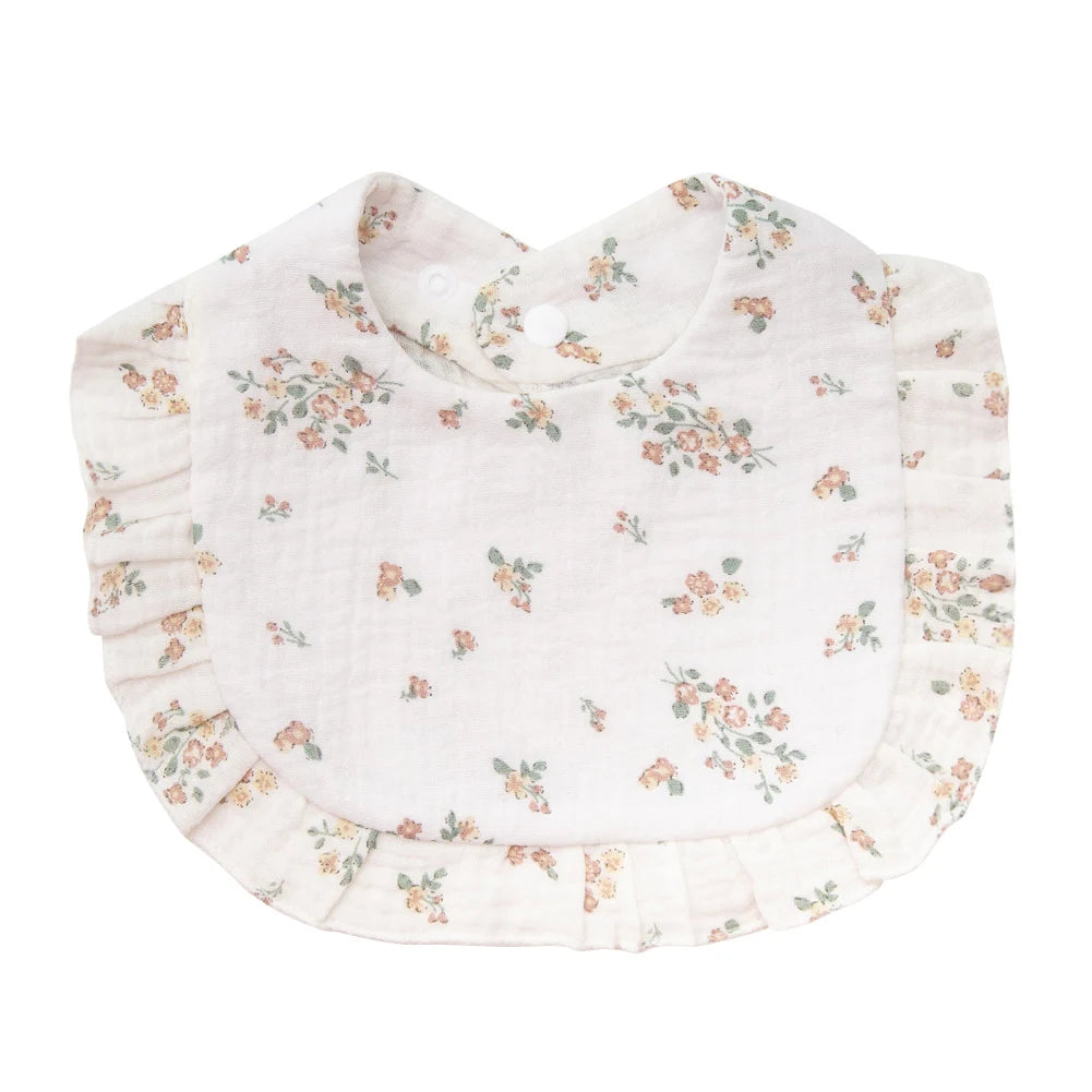 Floral Cotton Baby Bib – Ruffled Edge Muslin Burp Cloth