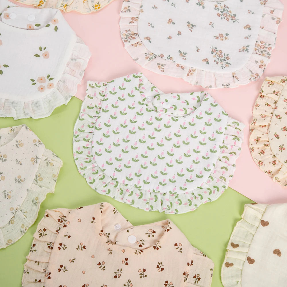 Floral Cotton Baby Bib – Ruffled Edge Muslin Burp Cloth