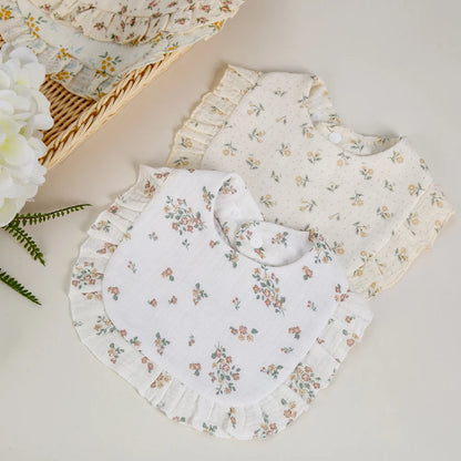 Floral Cotton Baby Bib – Ruffled Edge Muslin Burp Cloth