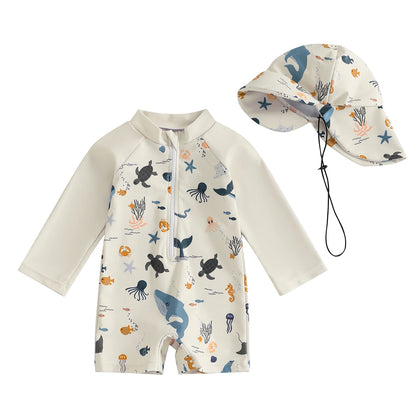 Long Sleeve Rash Guard Swimsuit with Hat